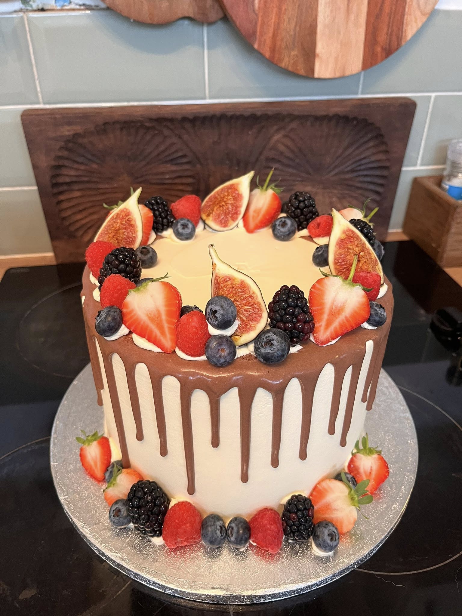 Birthday cake with fresh fruit and drip decoration